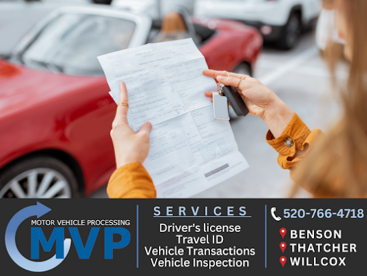 A person holding vehicle registration paperwork and keys beside a car, with an MVP Motor Vehicle Processing services and contact graphic