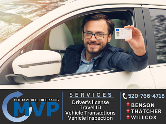 A man holding his new driver's license out the car window, beside an MVP Motor Vehicle Processing services and contact graphic